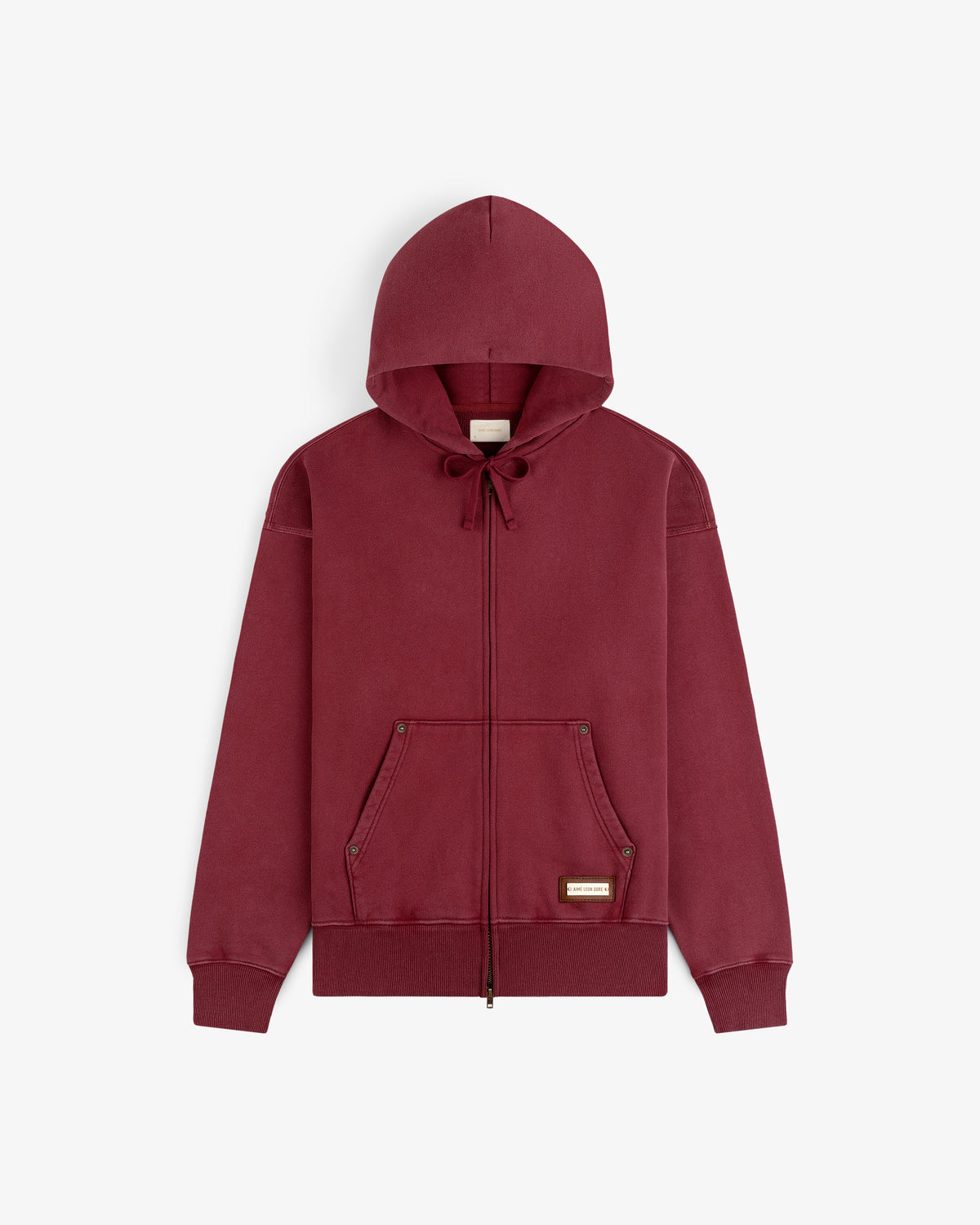 Maroon Washed Full Zip Hoodie with a drawstring hood and two front pockets.