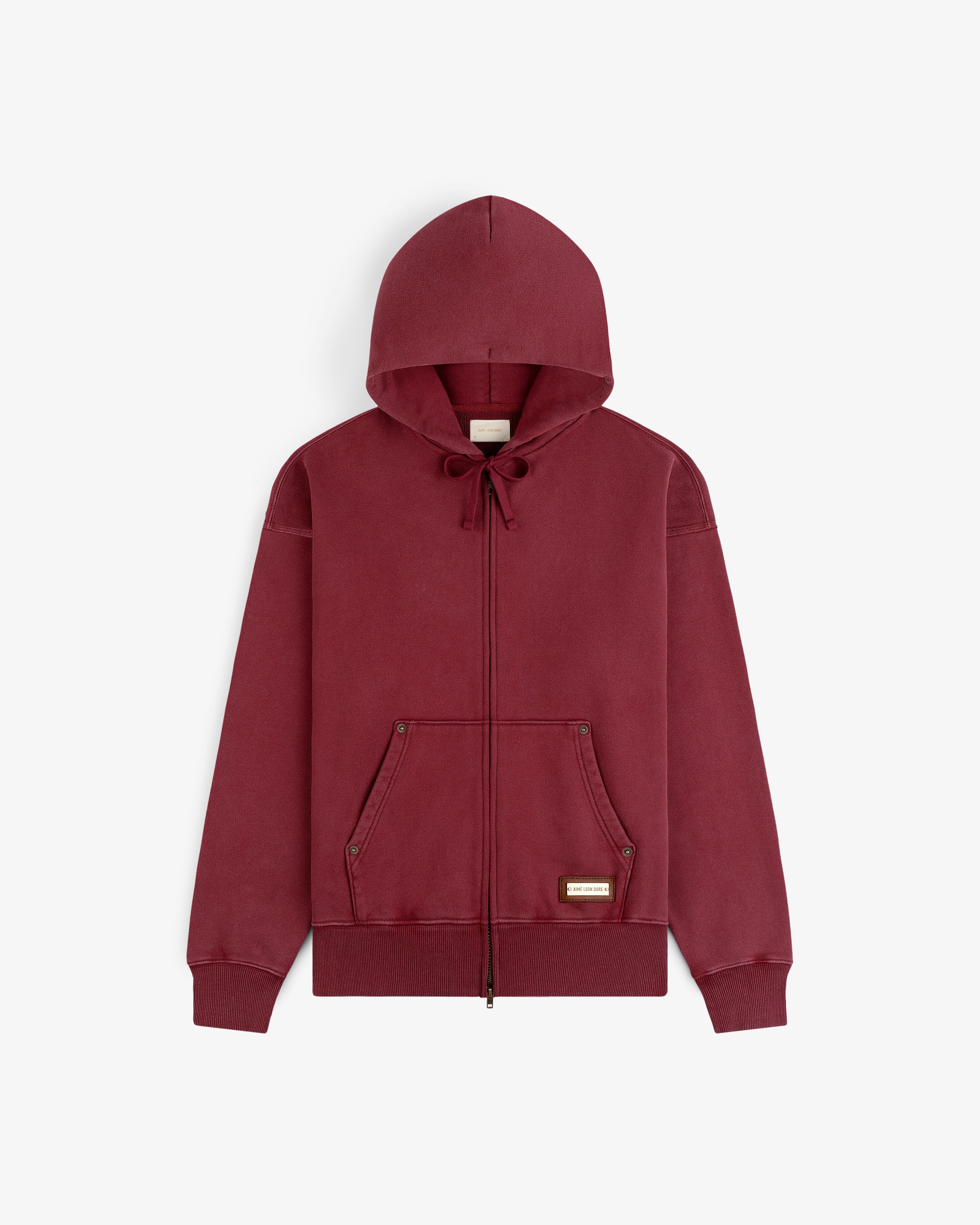 Maroon Washed Full Zip Hoodie with a drawstring hood and two front pockets.