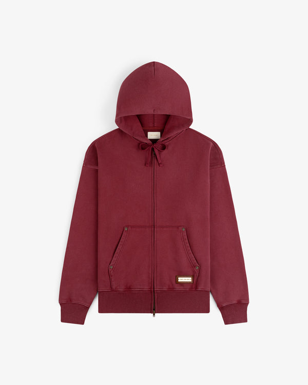 Maroon Washed Full Zip Hoodie with a drawstring hood and two front pockets.
