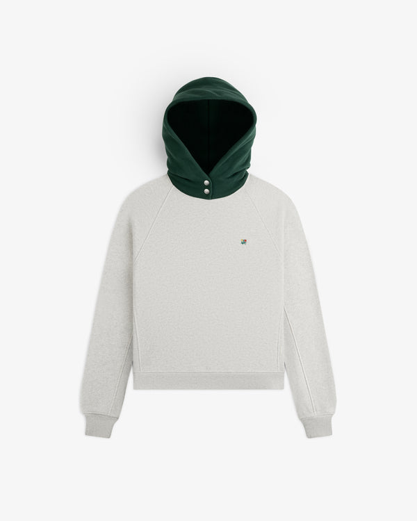 Colorblock Crest Snap Hoodie in light gray with a dark green hood and two silver snaps at the neck.
