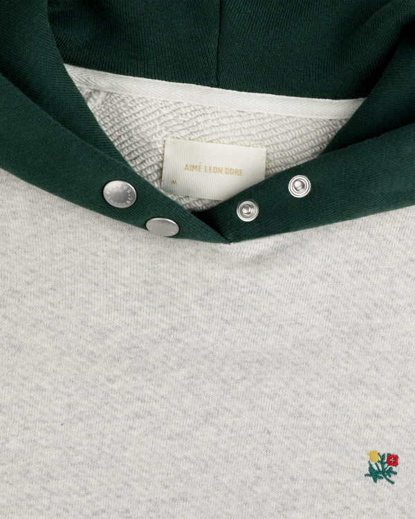Colorblock Crest Snap Hoodie in grey with a dark green hood, snap neckline, and small floral embroidery on the chest.