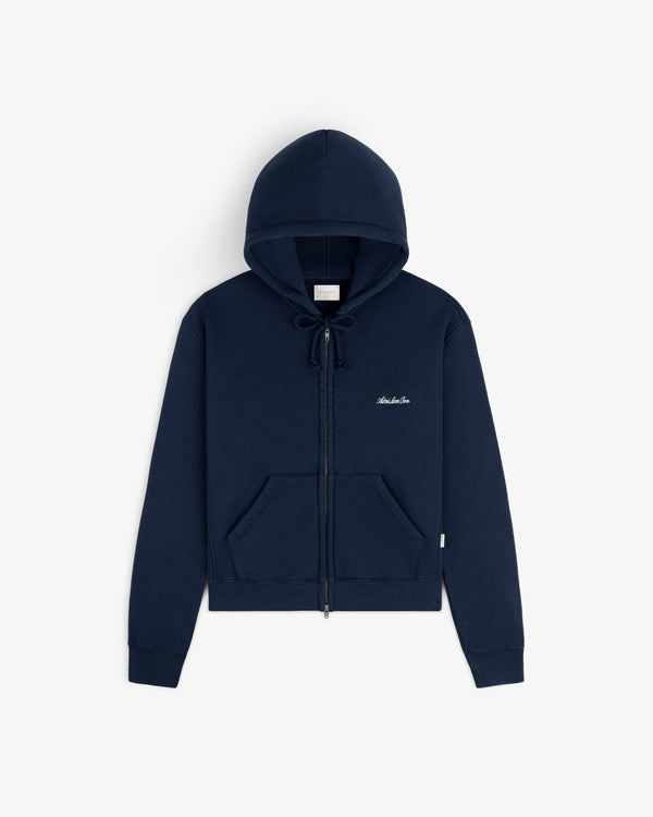 Navy blue Script Full Zip Hoodie with a hood, front pockets, and cursive text embroidered on the chest.