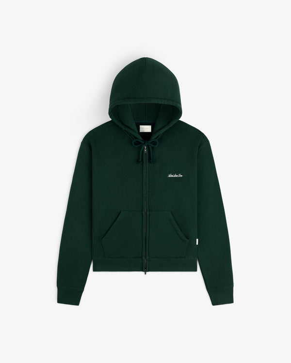 Dark green Script Full Zip Hoodie with a drawstring hood and white cursive text embroidered on the chest.