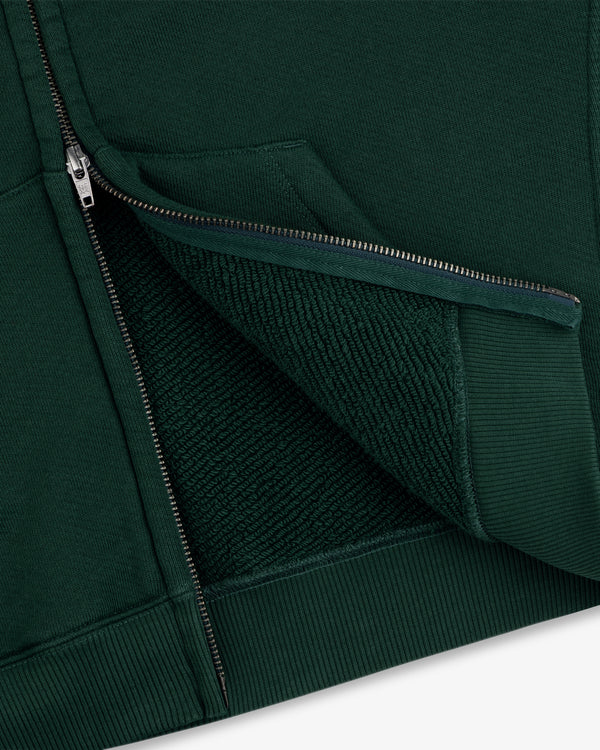 Dark green Script Full Zip Hoodie with an open front showing the textured inner lining.