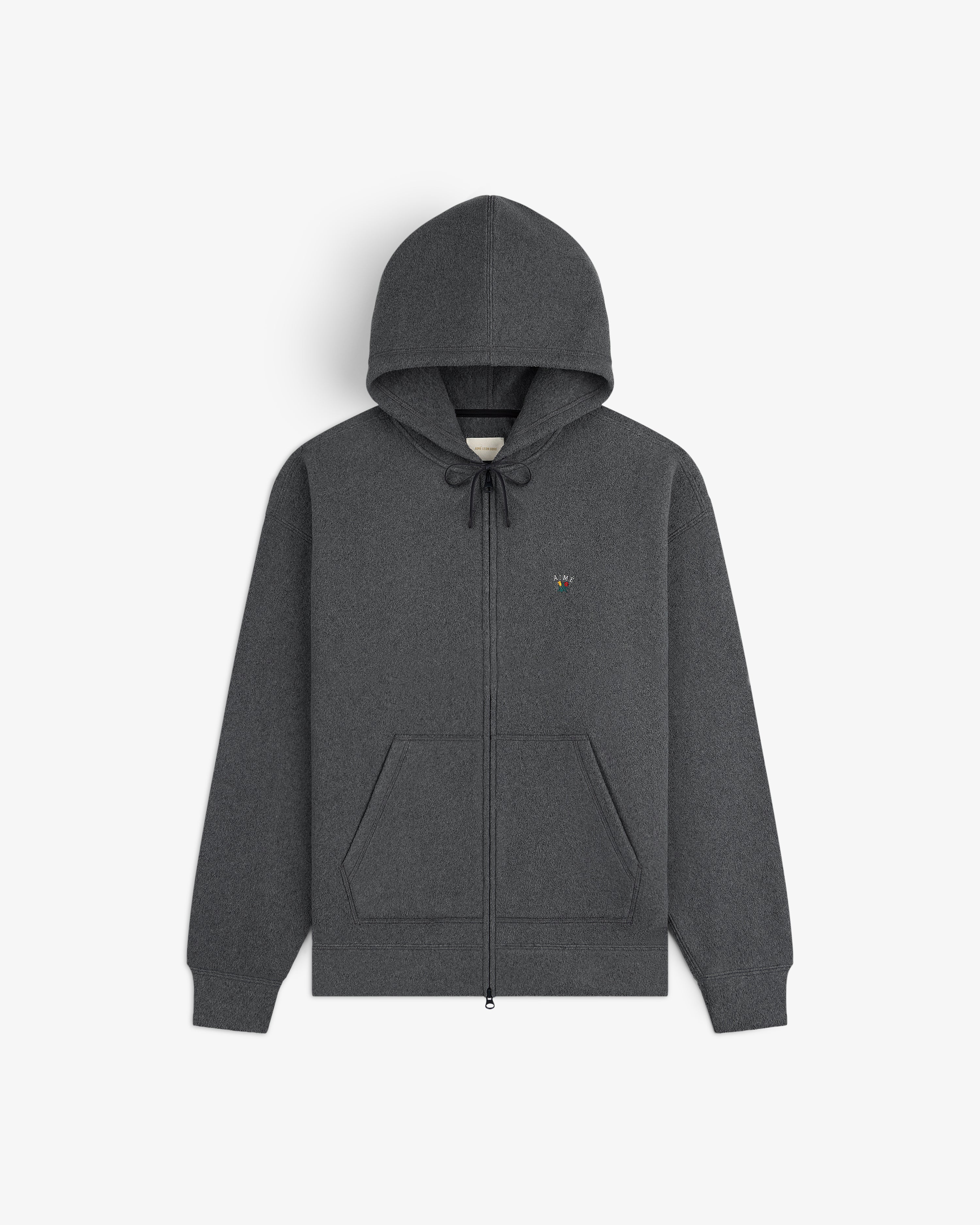 Crest Fleece Full-Zip Hoodie in dark gray with front pockets, drawstring hood, and left chest embroidered logo.