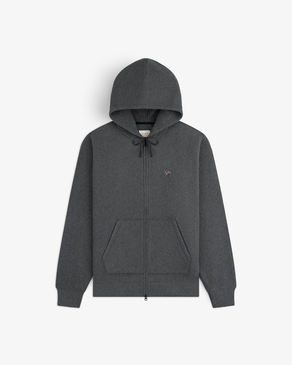 Crest Fleece Full-Zip Hoodie in dark gray with front pockets, drawstring hood, and left chest embroidered logo.