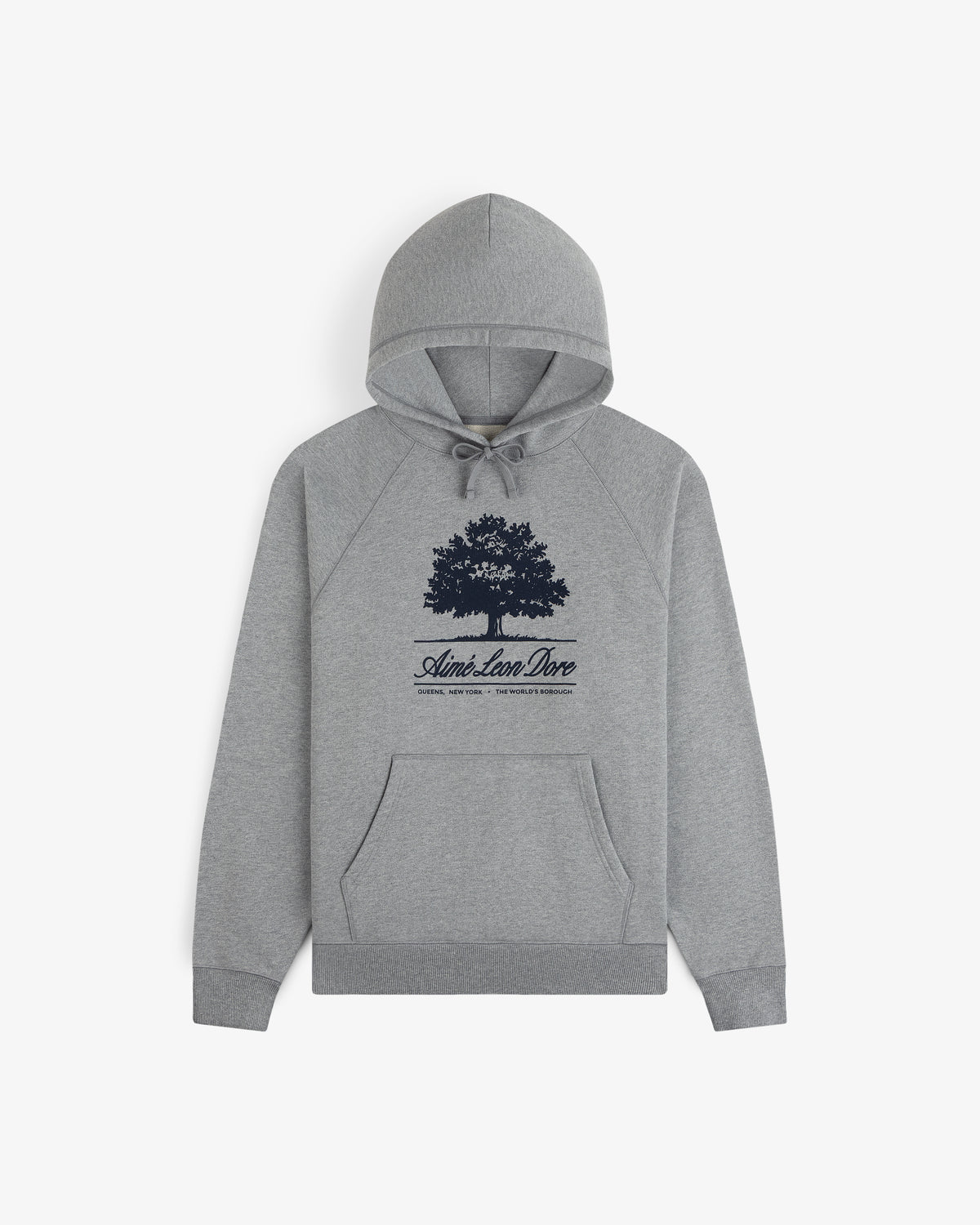 Grey Olive Tree Hoodie with a tree graphic and Aimé Leon Dore text on the chest.