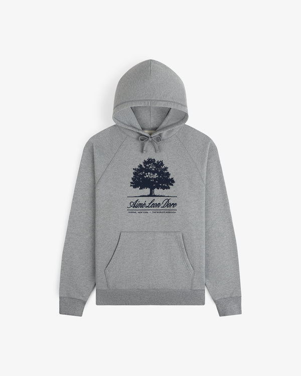 Grey Olive Tree Hoodie with a tree graphic and Aimé Leon Dore text on the chest.