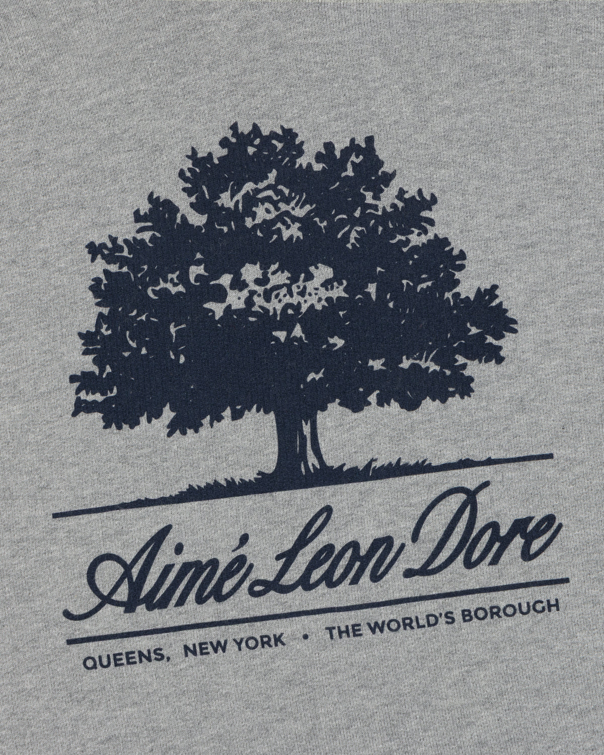 Olive Tree Hoodie in gray fabric with a dark blue tree graphic and Aimé Leon Dore, Queens, New York, The Worlds Borough text.