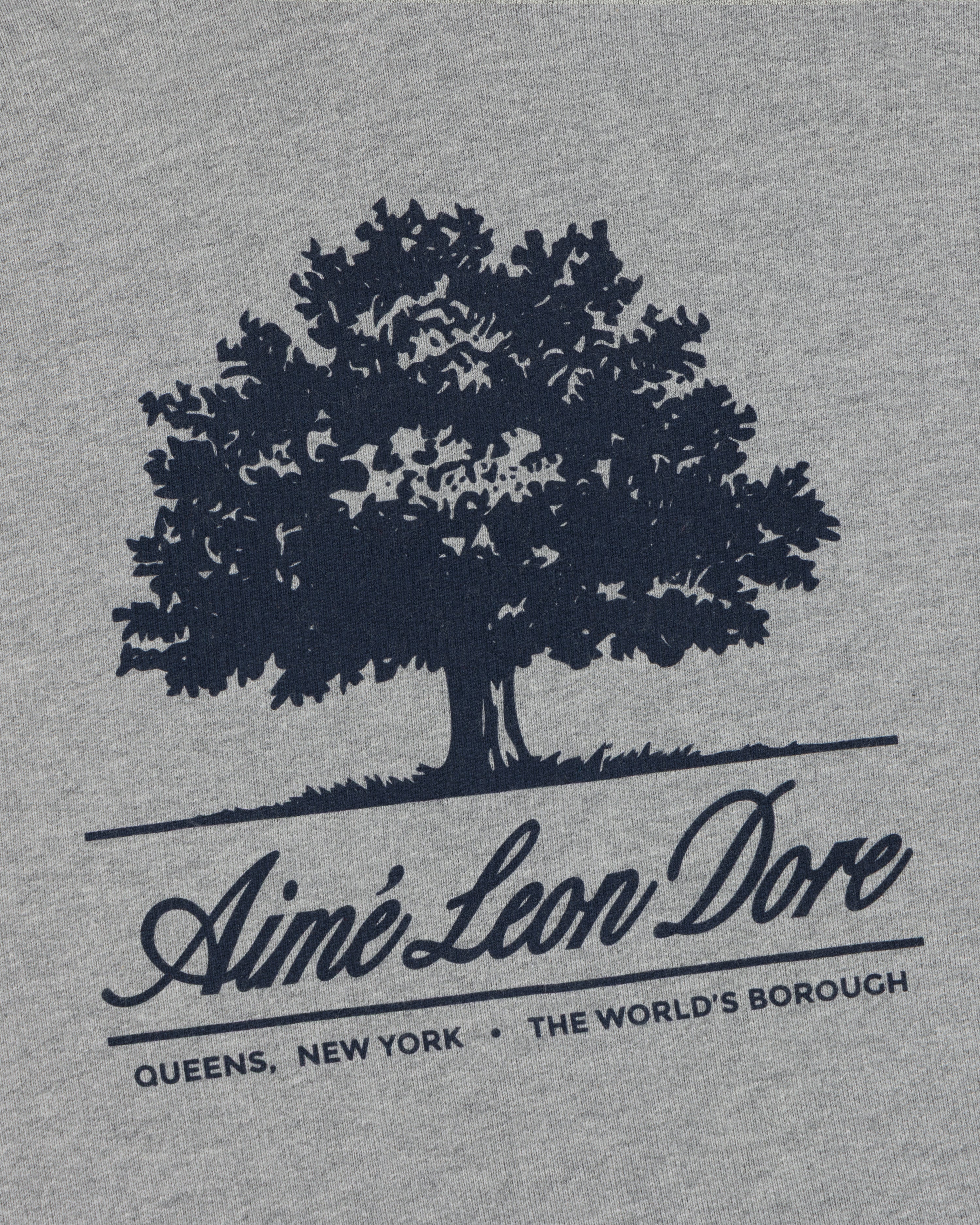 Olive Tree Hoodie in gray fabric with a dark blue tree graphic and Aimé Leon Dore, Queens, New York, The Worlds Borough text.