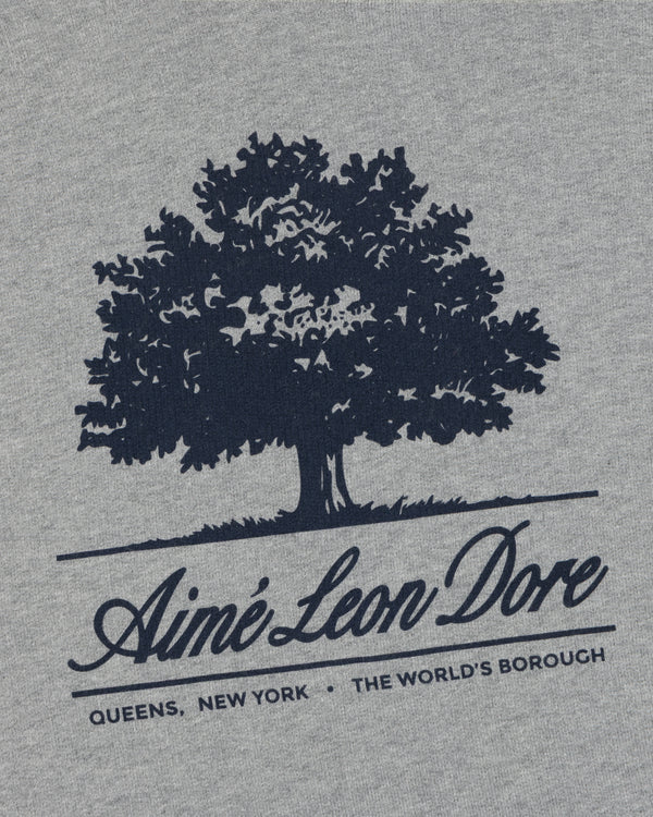 Olive Tree Hoodie in gray fabric with a dark blue tree graphic and Aimé Leon Dore, Queens, New York, The Worlds Borough text.