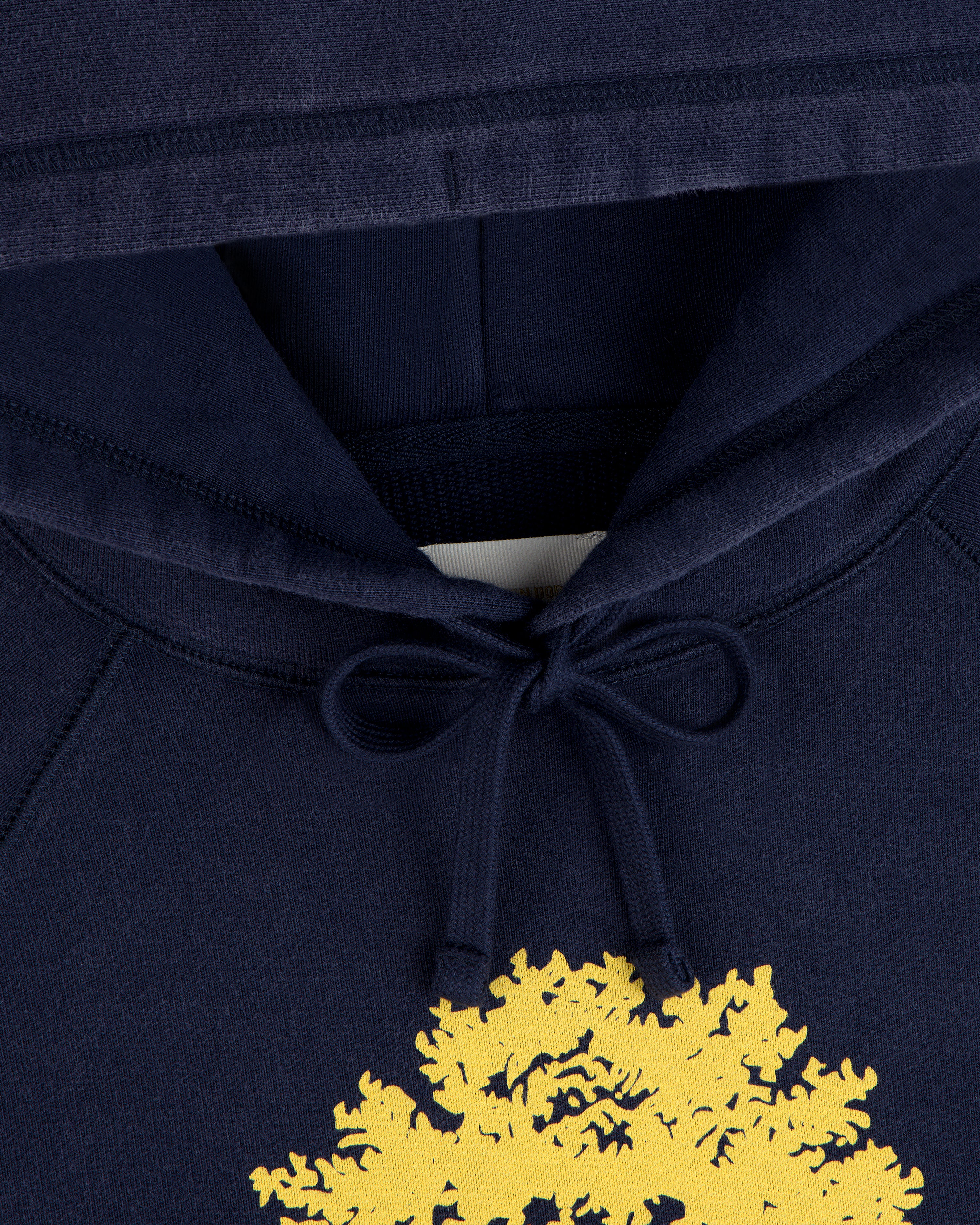 Navy blue Olive Tree Hoodie with a hood, drawstrings, and a yellow tree graphic on the chest.