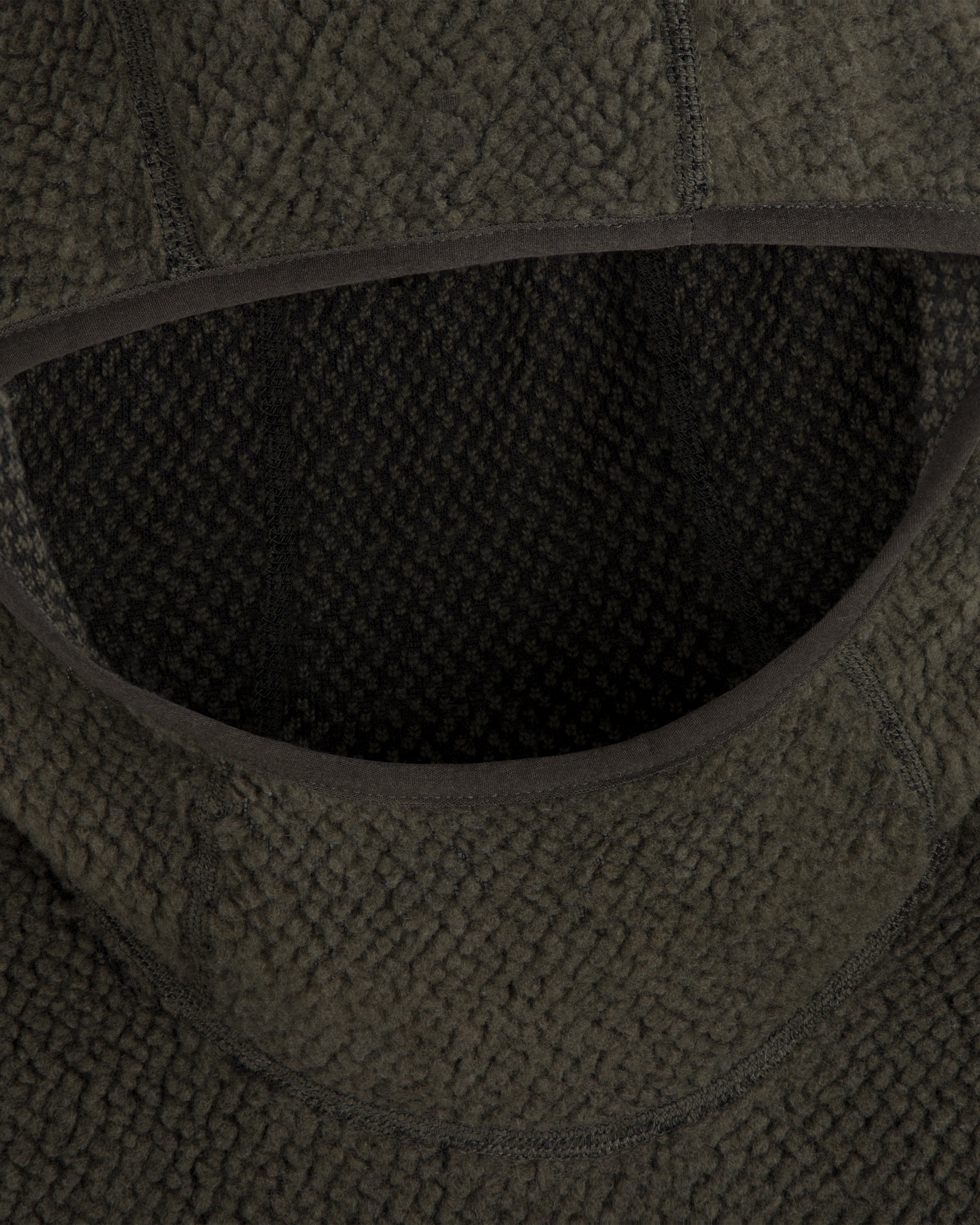 Close-up of the olive green textured hood on a Fleece Performance Hoodie.