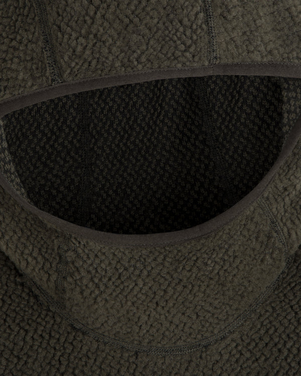 Close-up of the olive green textured hood on a Fleece Performance Hoodie.