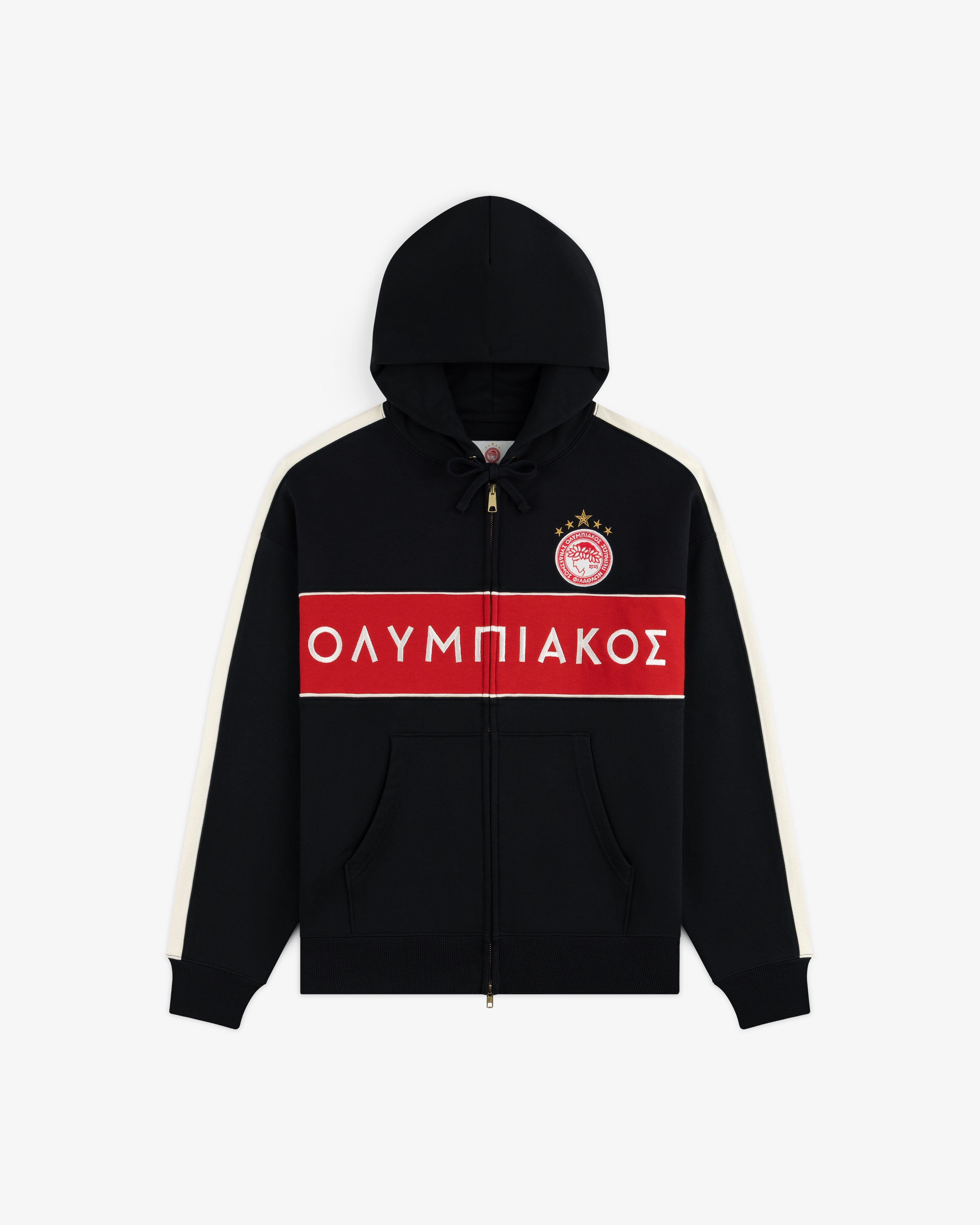 Black ALD / Olympiacos F.C. Full Zip Hoodie with a red chest stripe, Greek text, and a soccer club crest.