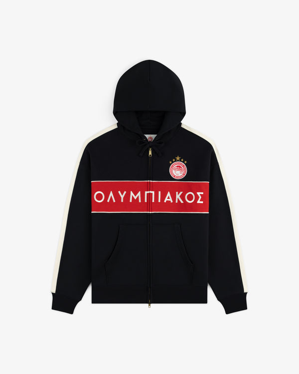 Black ALD / Olympiacos F.C. Full Zip Hoodie with a red chest stripe, Greek text, and a soccer club crest.