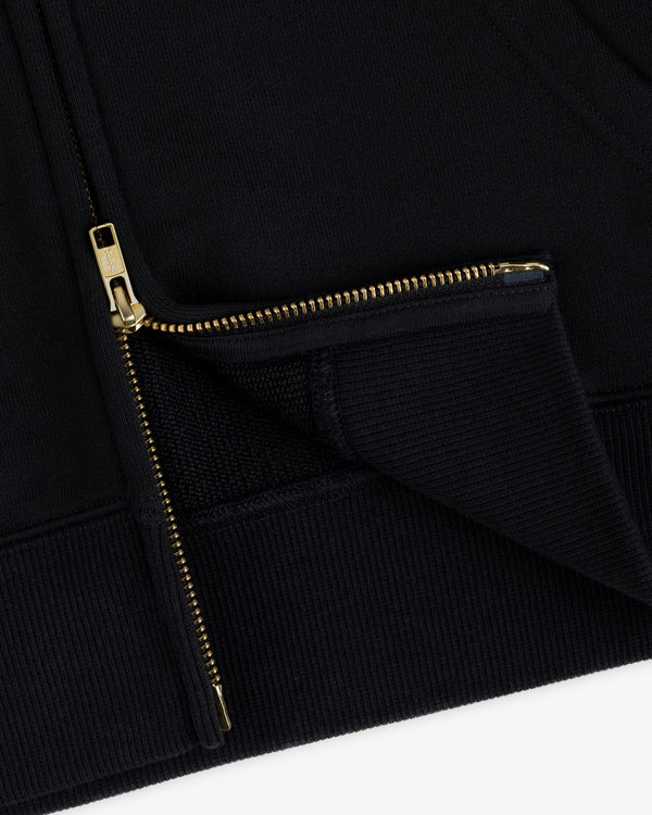 Close-up of a black ALD / Olympiacos F.C. Full Zip Hoodie with a gold-toned metal zipper.