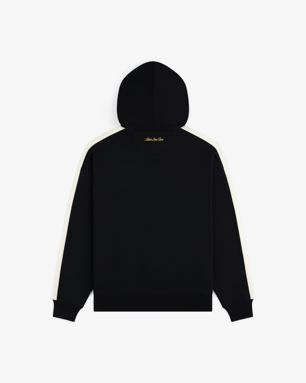 ALD / Olympiacos F.C. Full Zip Hoodie in black with cream sleeve stripes and gold embroidery on the hood.