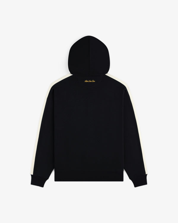 ALD / Olympiacos F.C. Full Zip Hoodie in black with cream sleeve stripes and gold embroidery on the hood.