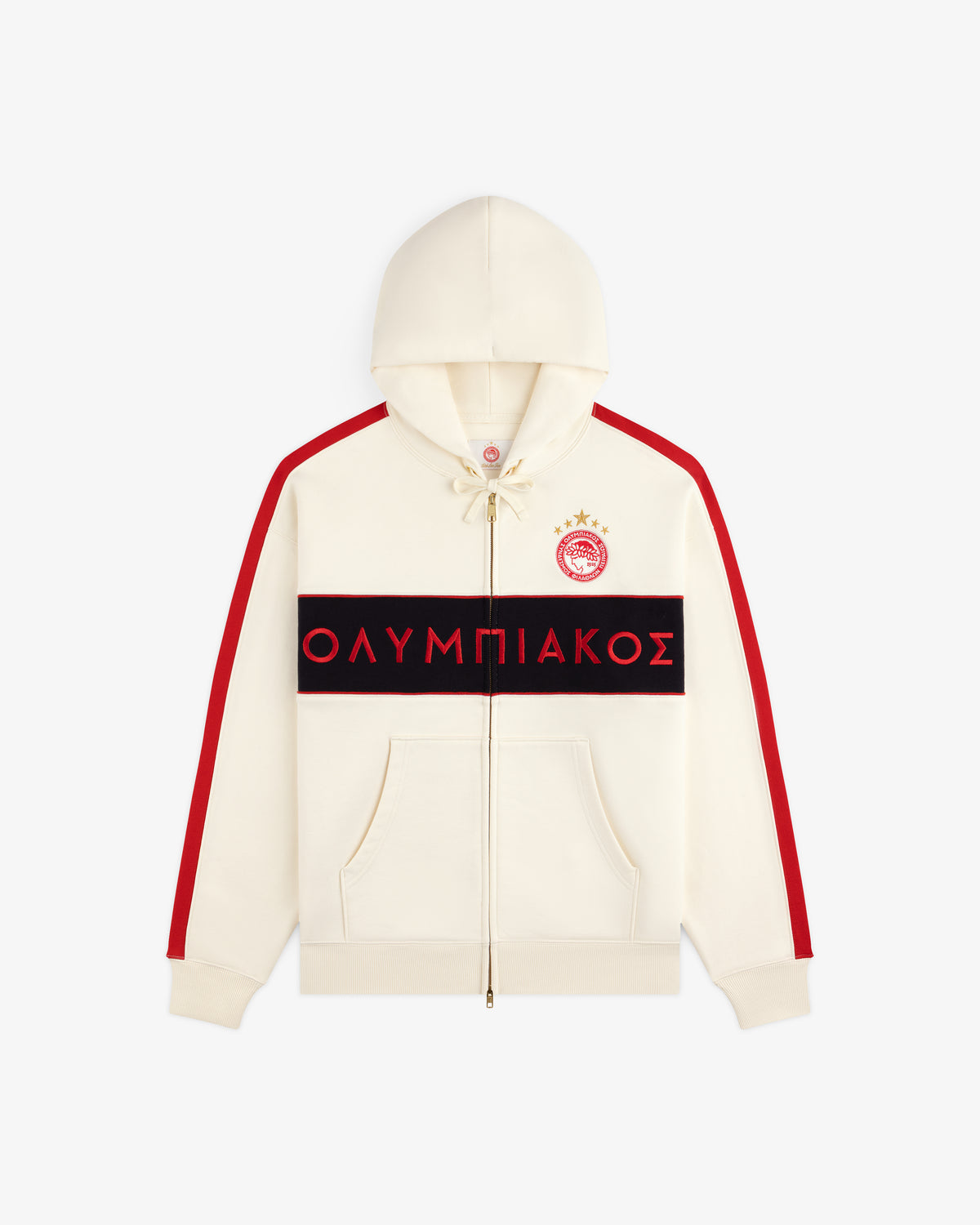 ALD / Olympiacos F.C. Full Zip Hoodie in off-white with sleeve stripes and a black band featuring red Greek text.