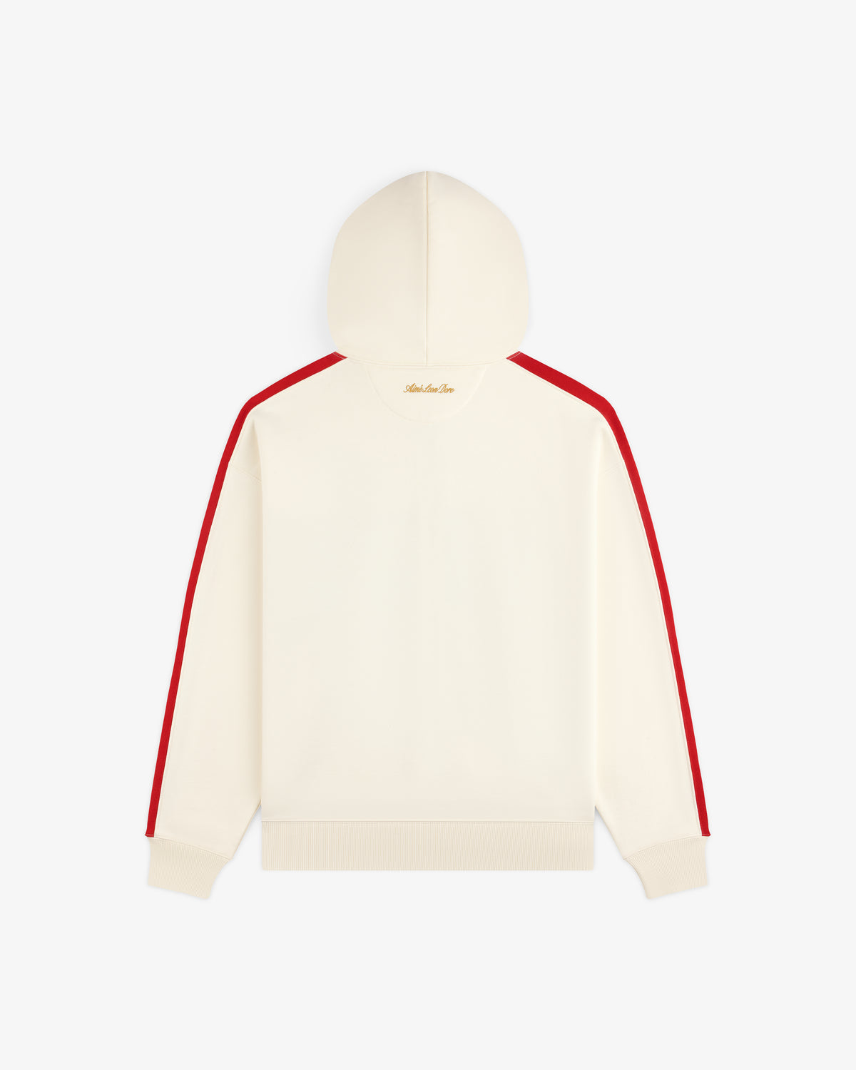 ALD / Olympiacos F.C. Full Zip Hoodie in off-white with red sleeve stripes and gold embroidery on the upper back.