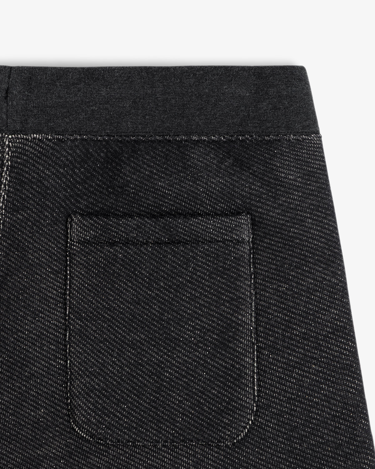 Close-up of the charcoal gray Terry Lounge Sweatpant back pocket with an elastic waistband.