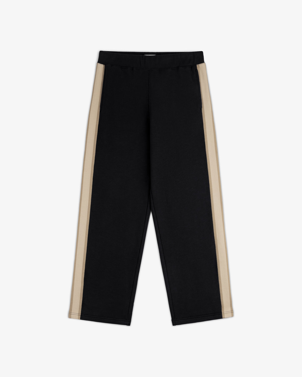 Saint George Track Pant: black with wide beige side stripes, elastic waist, straight legs, shown flat on white background.