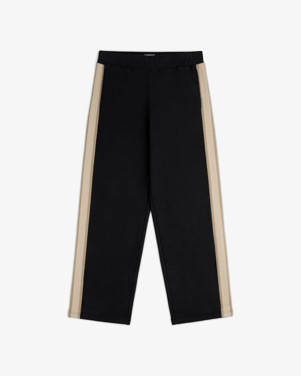 Saint George Track Pant: black with wide beige side stripes, elastic waist, straight legs, shown flat on white background.