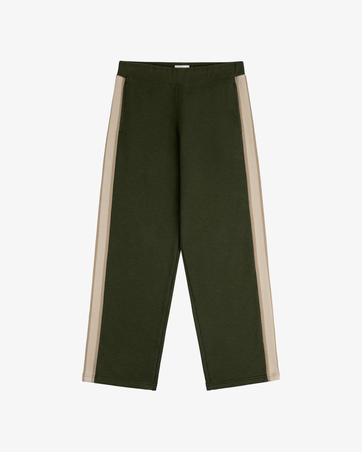Saint George Track Pant in green with beige side stripes, shown laid flat on a white background.
