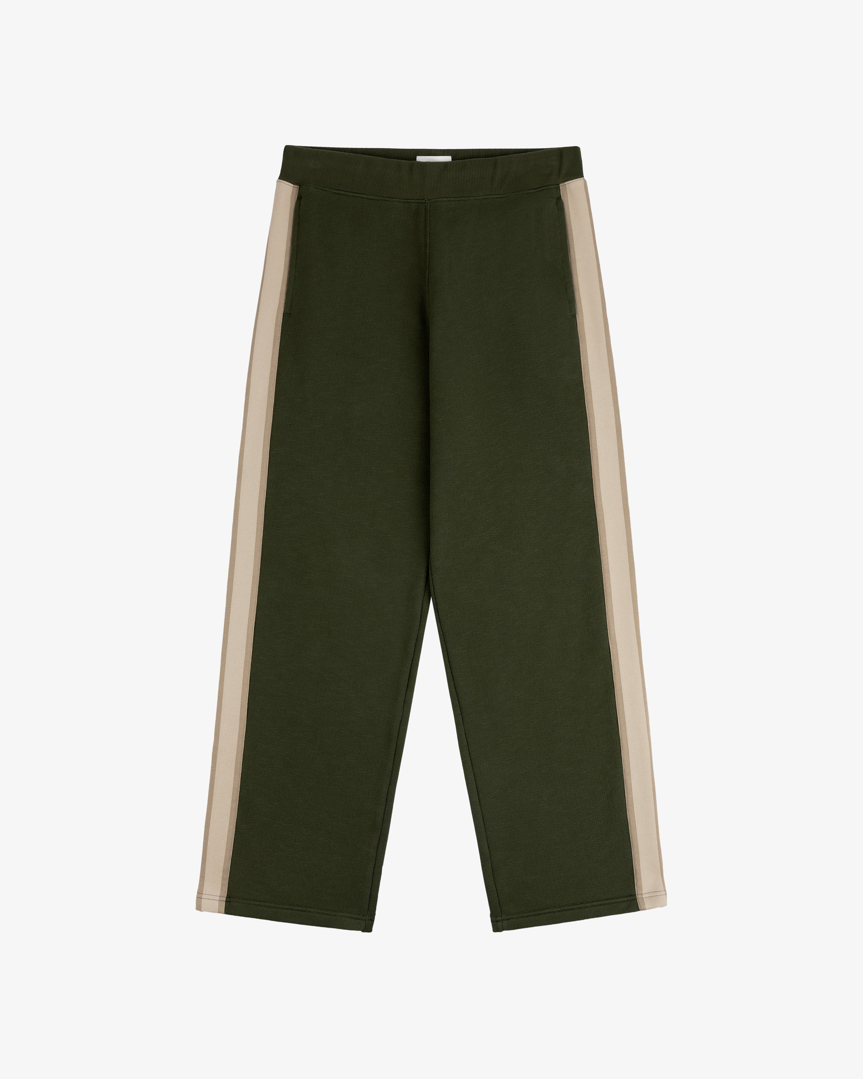 Saint George Track Pant in green with beige side stripes, shown laid flat on a white background.