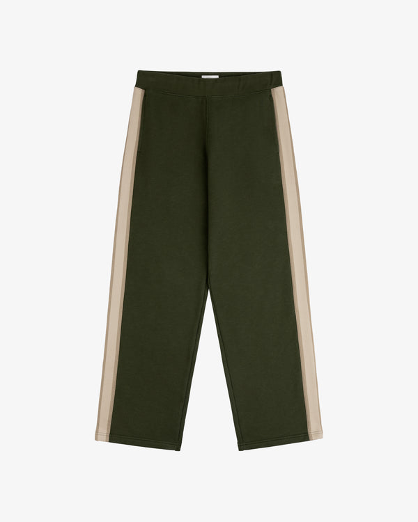 Saint George Track Pant in green with beige side stripes, shown laid flat on a white background.