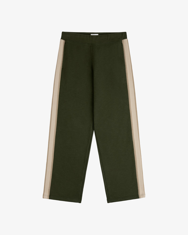 Saint George Track Pant in green with beige side stripes, shown laid flat on a white background.