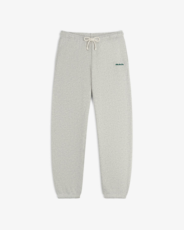 Light gray Script Sweatpant with a drawstring waist and dark green embroidery on the left hip.