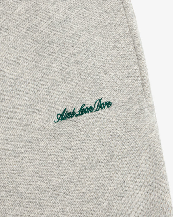 Grey marl Script Sweatpant with green script embroidery.