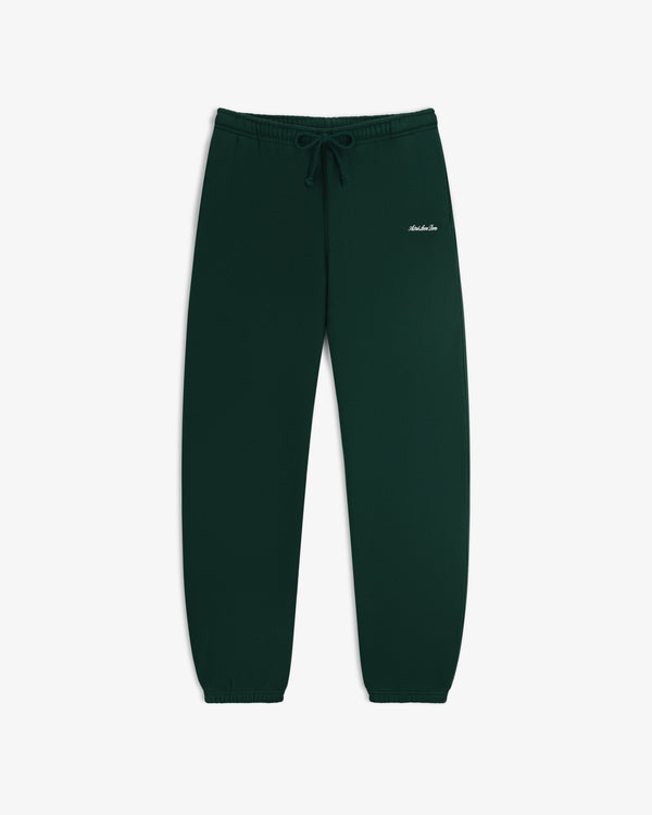 Dark green Script Sweatpant with a drawstring waist and white script embroidery on the hip.