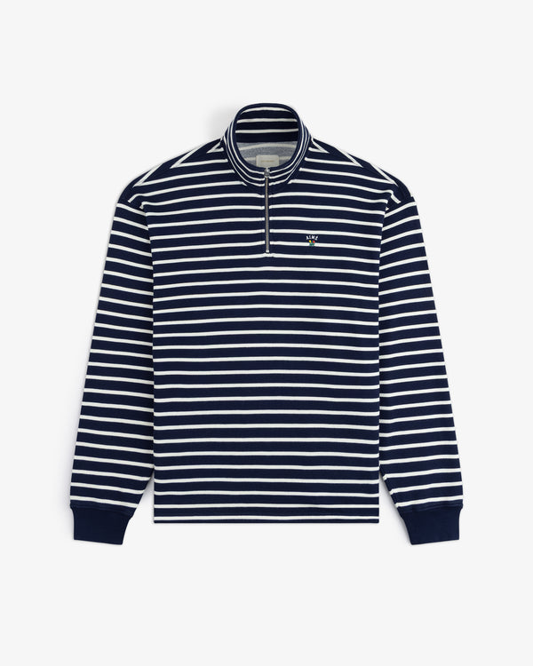 Striped Crest Quarter Zip: navy & white stripes, long sleeves, half-zip collar, small chest logo.