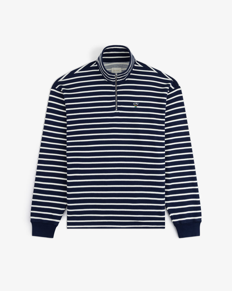 Striped Crest Quarter Zip: navy & white stripes, long sleeves, half-zip collar, small chest logo.