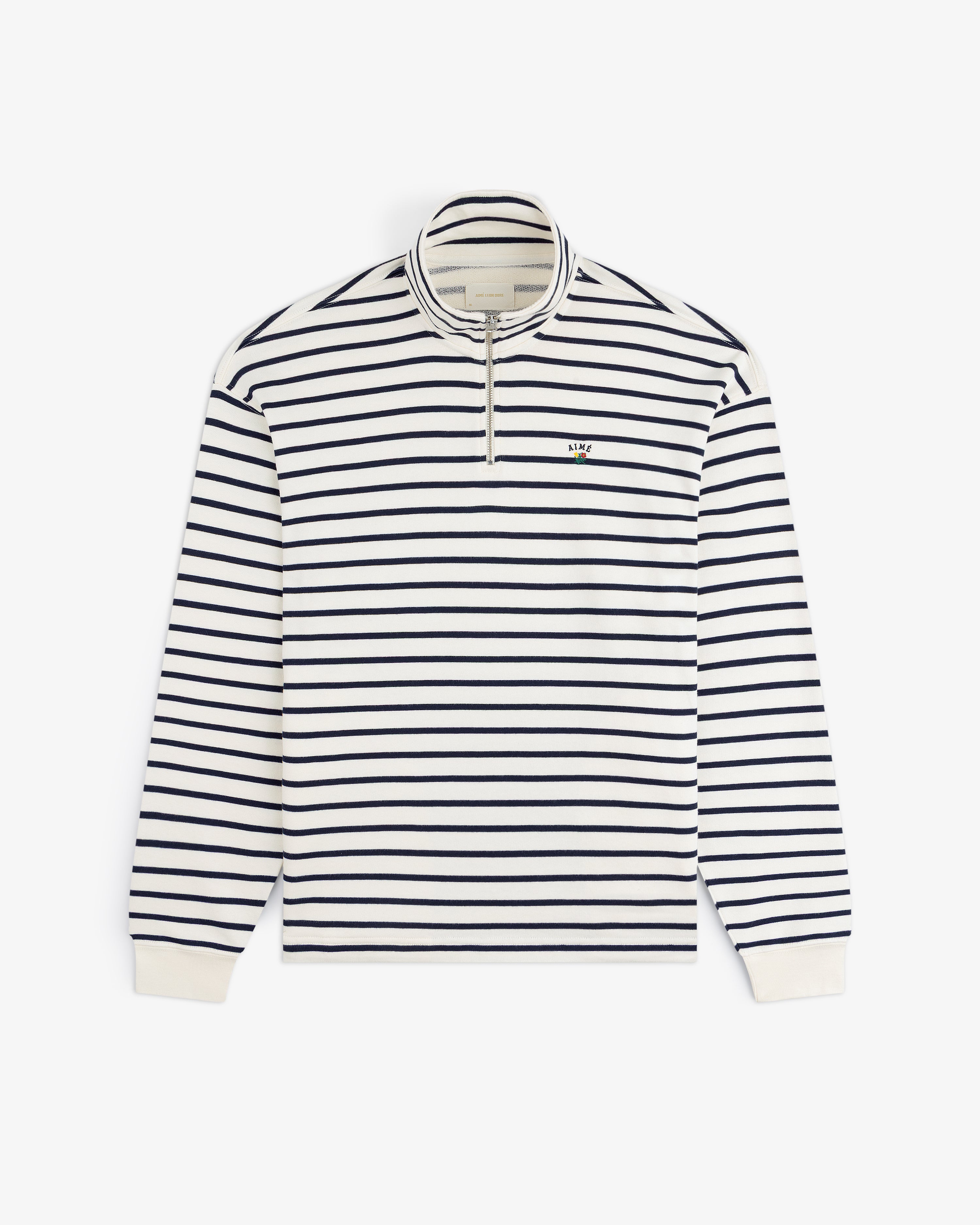 Striped Crest Quarter Zip: white long-sleeve with navy stripes, quarter zip, and small chest logo.