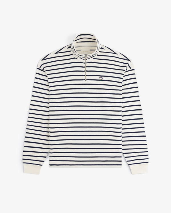 Striped Crest Quarter Zip: white long-sleeve with navy stripes, quarter zip, and small chest logo.