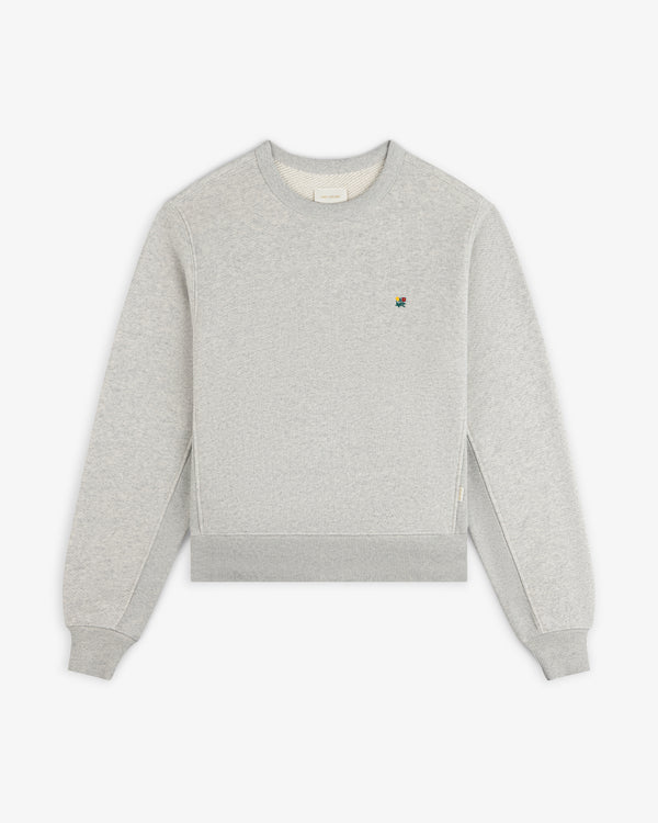 Light grey Crest Crewneck Sweatshirt with small, colorful floral embroidery on the chest.