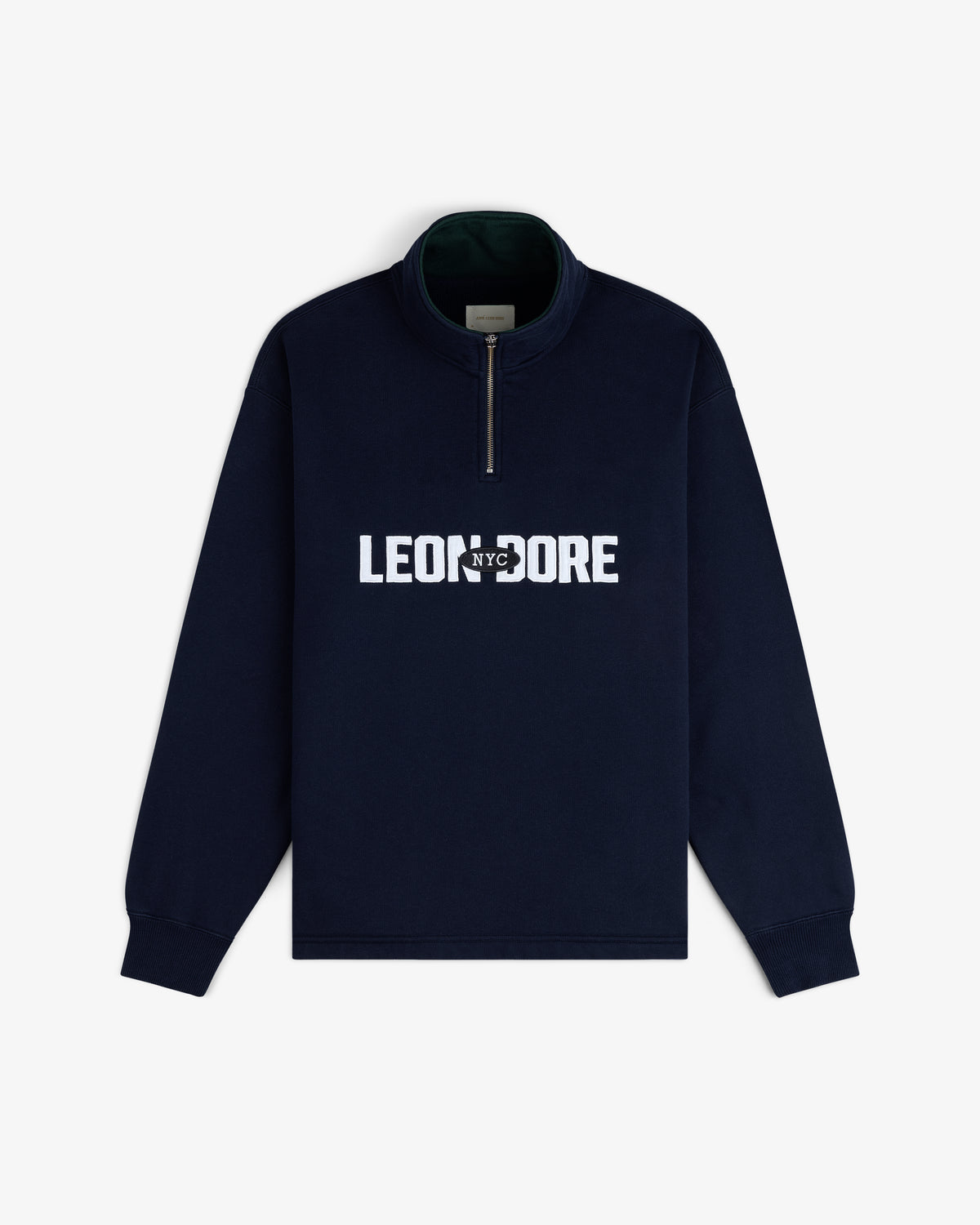 Aimé Souvenir Quarter Zip: Navy blue with “LEON NYC DORE” in white across the chest.