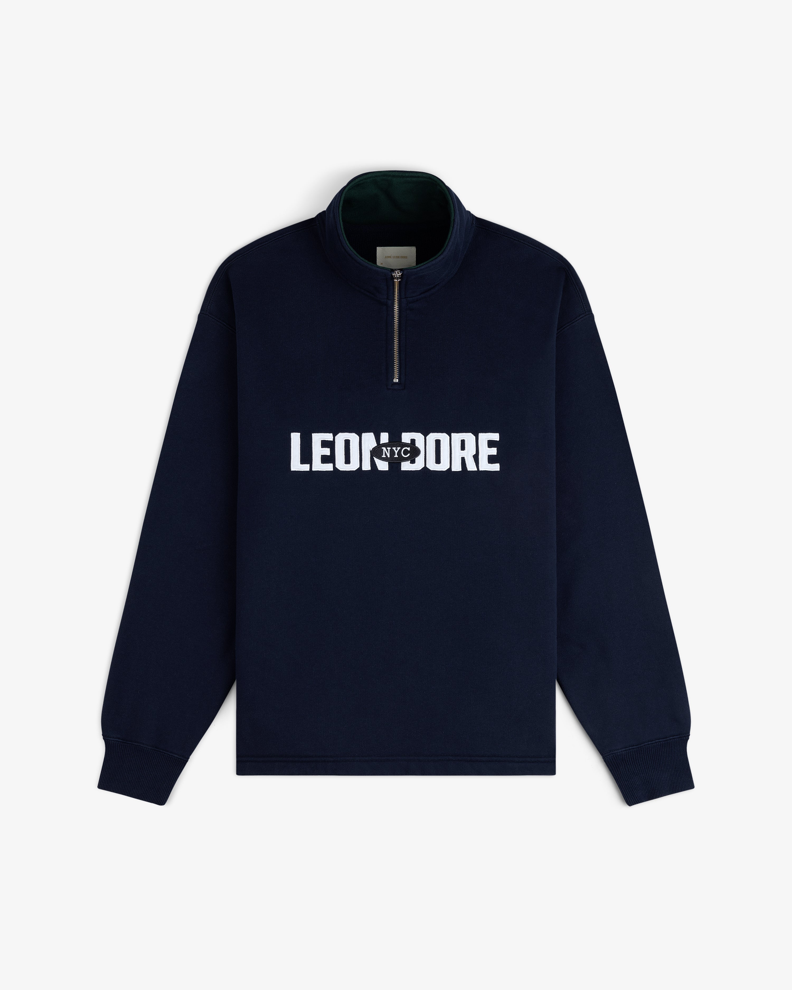 Aimé Souvenir Quarter Zip: Navy blue with “LEON NYC DORE” in white across the chest.