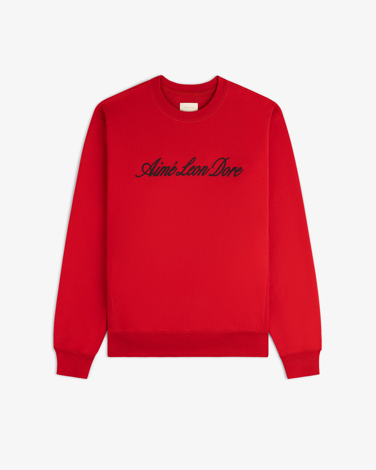 Vintage Script Crewneck Sweatshirt in red with black Aimé Leon Dore script, displayed flat on a white background.