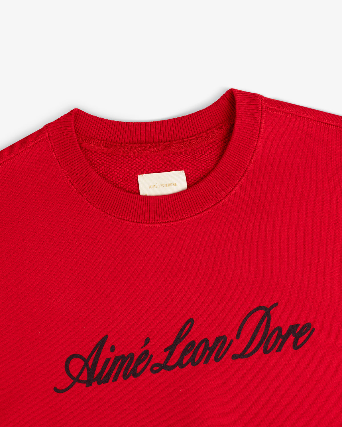 Red Vintage Script Crewneck Sweatshirt featuring Aimé Leon Dore in black script across the chest.