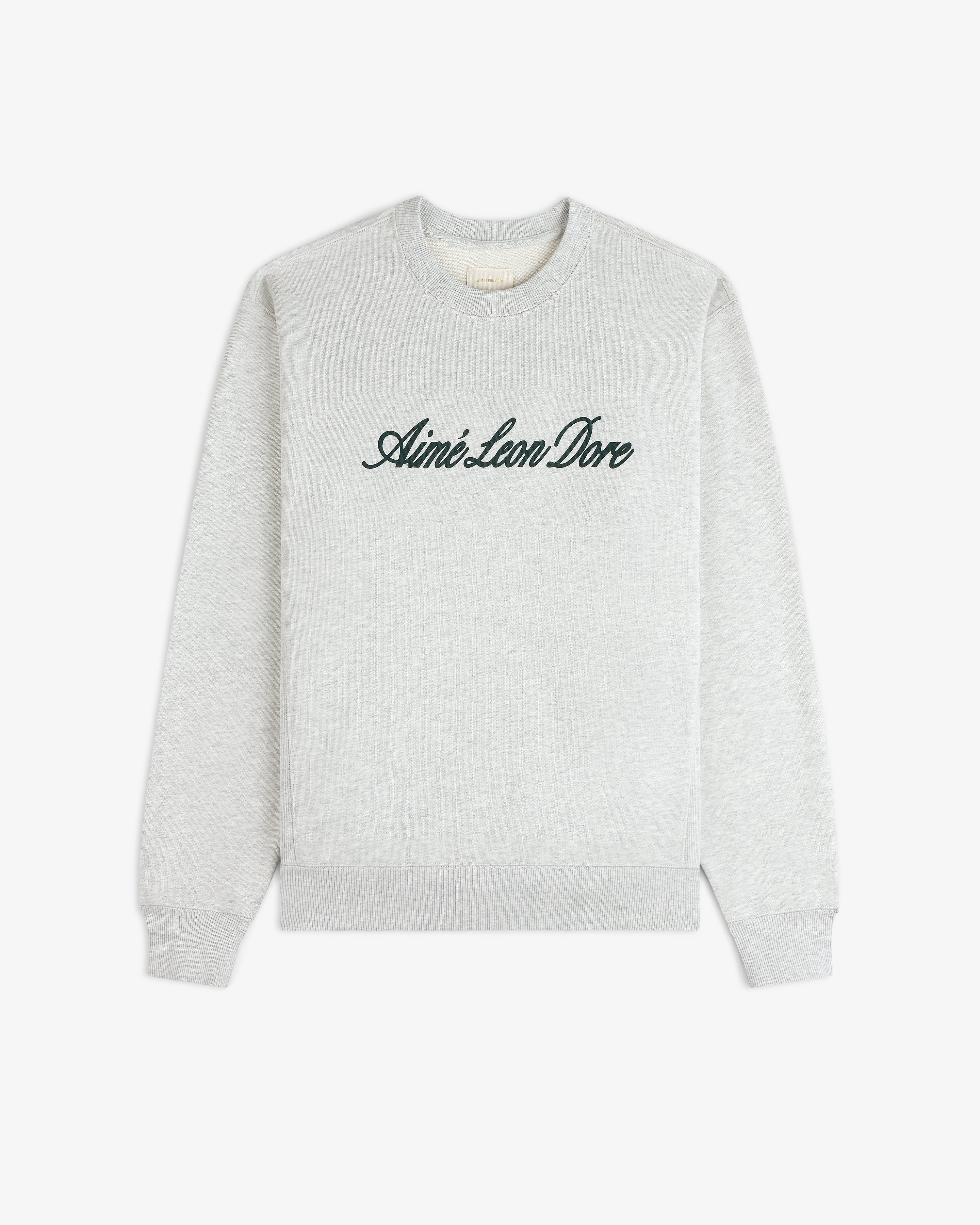 Light gray Vintage Script Crewneck Sweatshirt with Aimé Leon Dore in black script on the front.