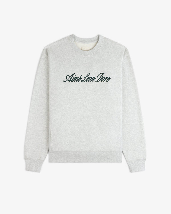 Light gray Vintage Script Crewneck Sweatshirt with Aimé Leon Dore in black script on the front.