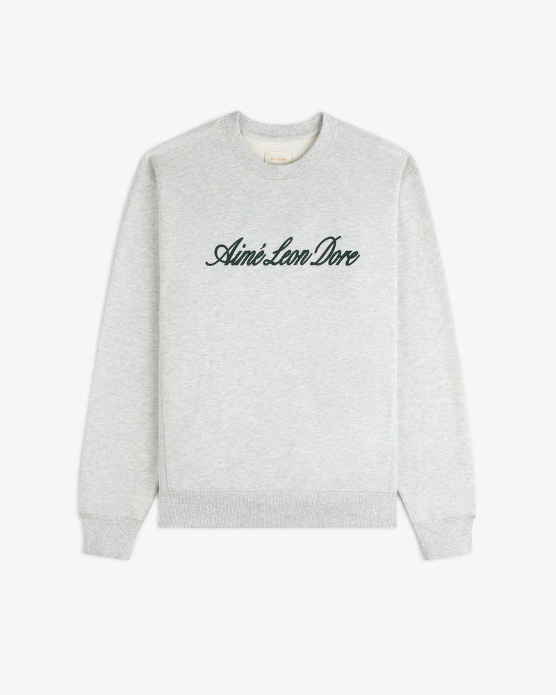 Light gray Vintage Script Crewneck Sweatshirt with Aimé Leon Dore in black script on the front.