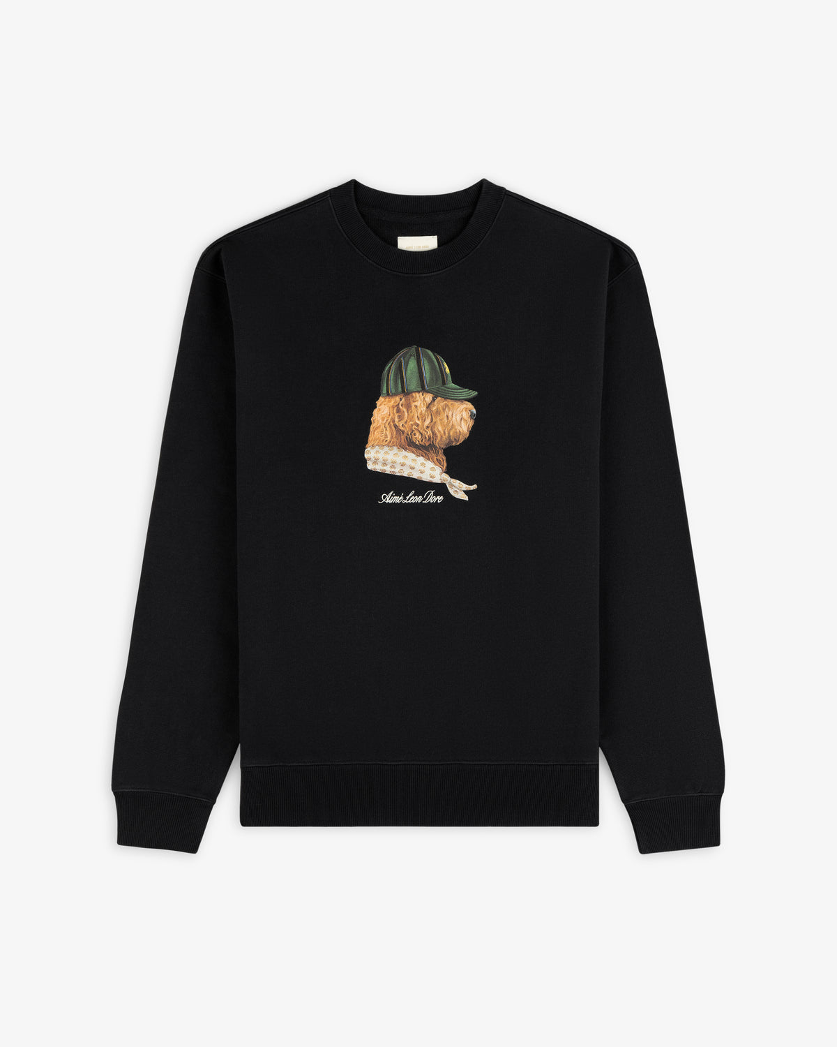 Buddy Crewneck Sweatshirt in black featuring a front embroidered dog with green cap and sweater.