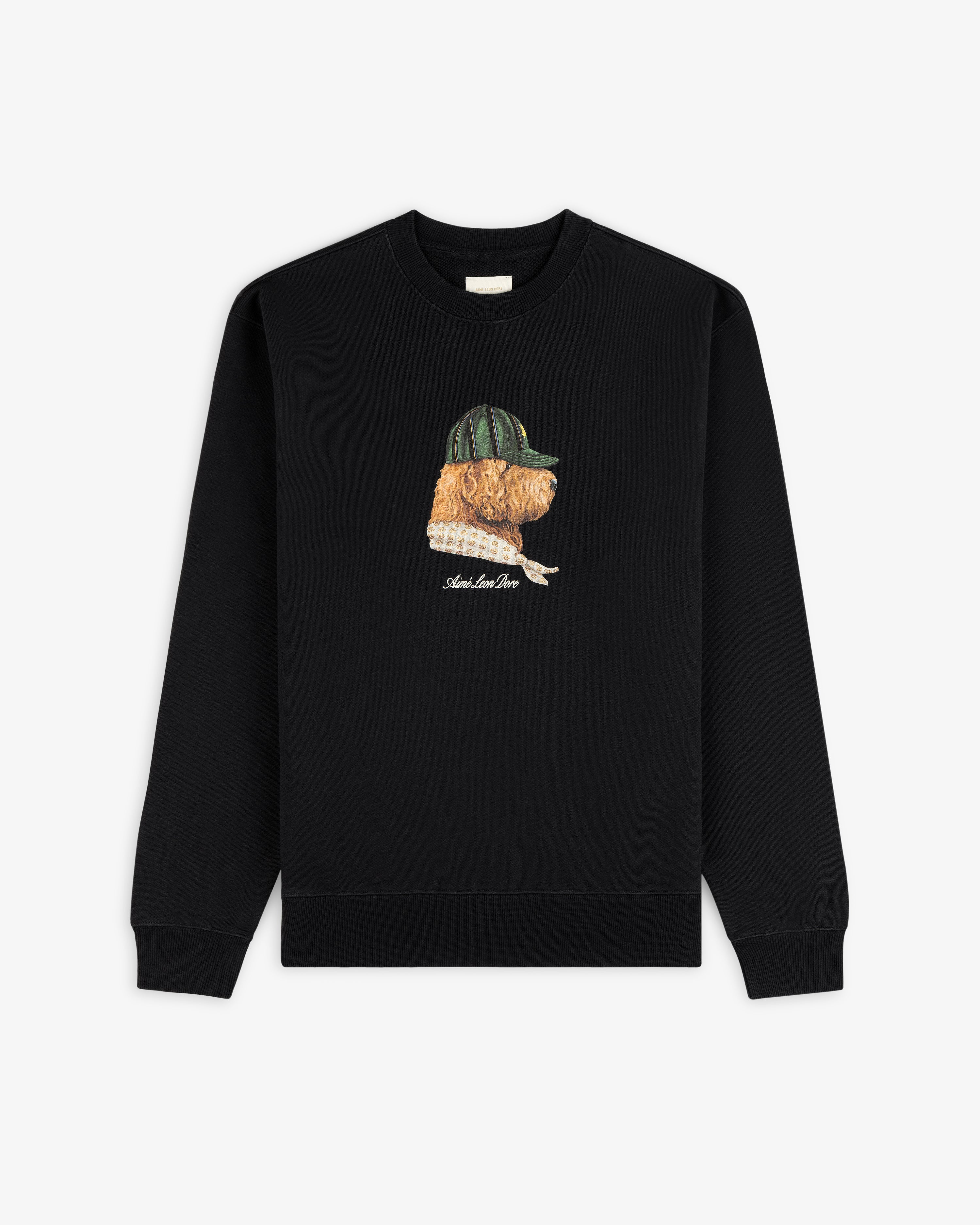 Buddy Crewneck Sweatshirt in black featuring a front embroidered dog with green cap and sweater.