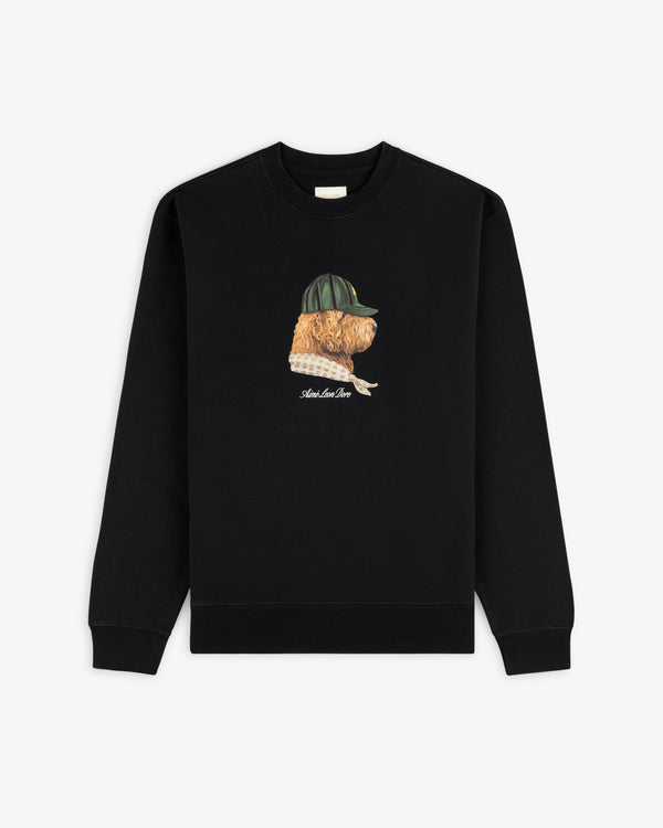 Buddy Crewneck Sweatshirt in black featuring a front embroidered dog with green cap and sweater.